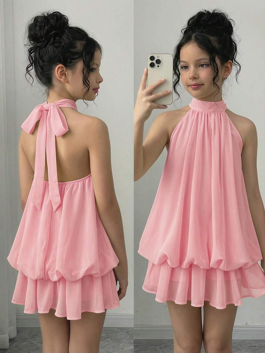 Firerie Kids Firerie Kids Tween Girl Tween Girl Solid Color Ruched Fashion Halter Tie Mini Dress - Pink - View 1