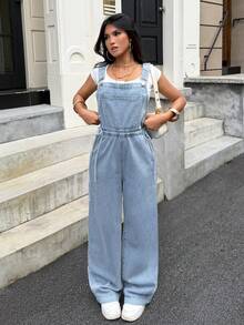Rivivi Overall Denim Cuci Serut Kasual Serbaguna Fashion Warna Biru Muda untuk Perjalanan Musim Panas - Light Wash - View 7