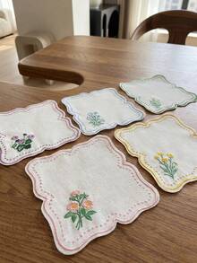 刺繡花卉耐熱墊、花卉隔熱杯墊、亞麻餐桌墊、咖啡杯裝飾墊 - 彩色 - 查看 5