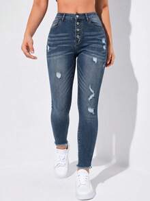 SHEIN EZwear Plus Size Women's Casual Formal Versatile Daily Wear Jeans With Pocket, Button And Distressed Design Back-To-School Navy Blue Summer - Blue - View 1
