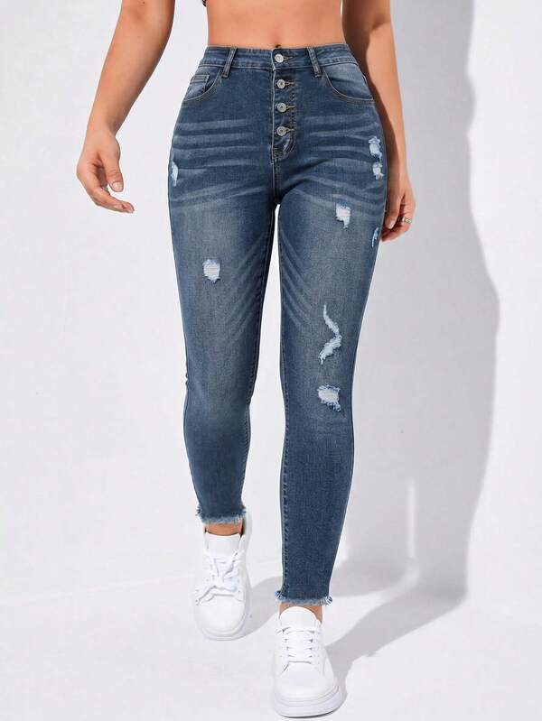 SHEIN ICON Plus Size Women's Casual Formal Versatile Daily Wear Jeans With Pocket, Button And Distressed Design Back-To-School Navy Blue Summer