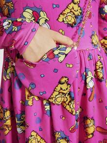 GARFIELD | SHEIN 少女卡通印花粉色公主风甜美可爱连衣裙搭配斜挎包 - 玫紅色 - 查看 7
