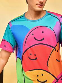 Notgurli Men's Multi-Color Smiling Face Print Milk Silk Crew Neck Short Sleeve 2-Piece Set, Casual Home Wear Outfit - Multicolor - View 6