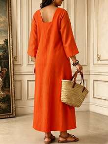 SHEIN LUNE CURVE Plus Size Solid Color Washed Cotton Casual 3/4 Sleeve Dress, Autumn/Winter Vacation Outfit, Casual Holiday Wear, Outing Dress Fall - Orange - View 2