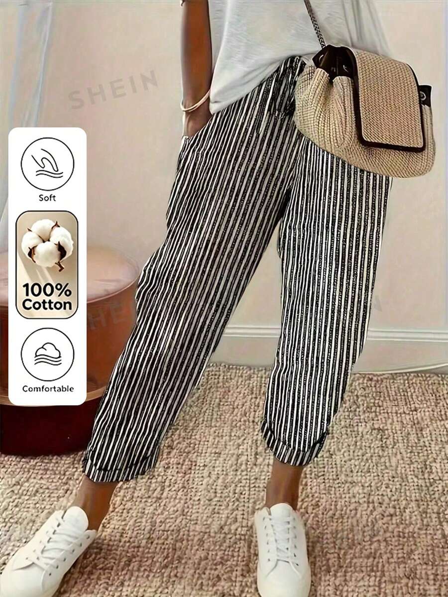 EMERY ROSE Loose Fit Slimming Pure Cotton Vertical Striped Casual Pants - Black - View 1