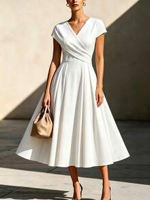 Balvessa Women's Solid Color V-Neck Pleated Casual Daily Summer Midi Dress - White - View 3