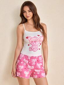 TOM & JERRY X SHEIN Women's Cartoon Print Camisole Top And Shorts Pajama Set - Pink - View 3