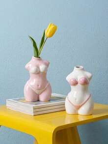 Joivida Jarrón de cerámica con forma de busto, con un estilo minimalista moderno. Esculpido con la silueta de un torso femenino con delicados detalles de bikini, disponible en tonos pastel suaves, que funciona como decoración artística de arreglo floral de mesa. - Multicolor - Ver 2