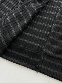 SHEIN ICON 女款秋冬黑色針織羅紋抓絨修身開襟拉鍊連帽運動衫，復古休閒街頭風，適合大學日常通勤、運動居家多用途 - 黑色 - 查看 8