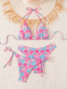 SHEIN Swim 2025夏季海灘度假女款純色掛脖綁背上衣 + 打結三角比基尼上衣 + 褲頭 3件套 嬰兒粉 熱帶性感 - 彩色 - 查看 2