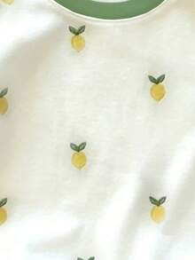 (Random Pattern, 1 Pc Random) Girls' Fresh Minimalist Yellow Striped Floral Cuff Contrast Blue Strawberry Lemon Basic Short T-Shirt, Everyday Wear - Multicolor - View 3