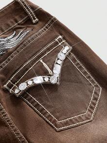 ROMWE Goth Jeans acampanados con bordado de alas de strass - Marrón - Ver 4