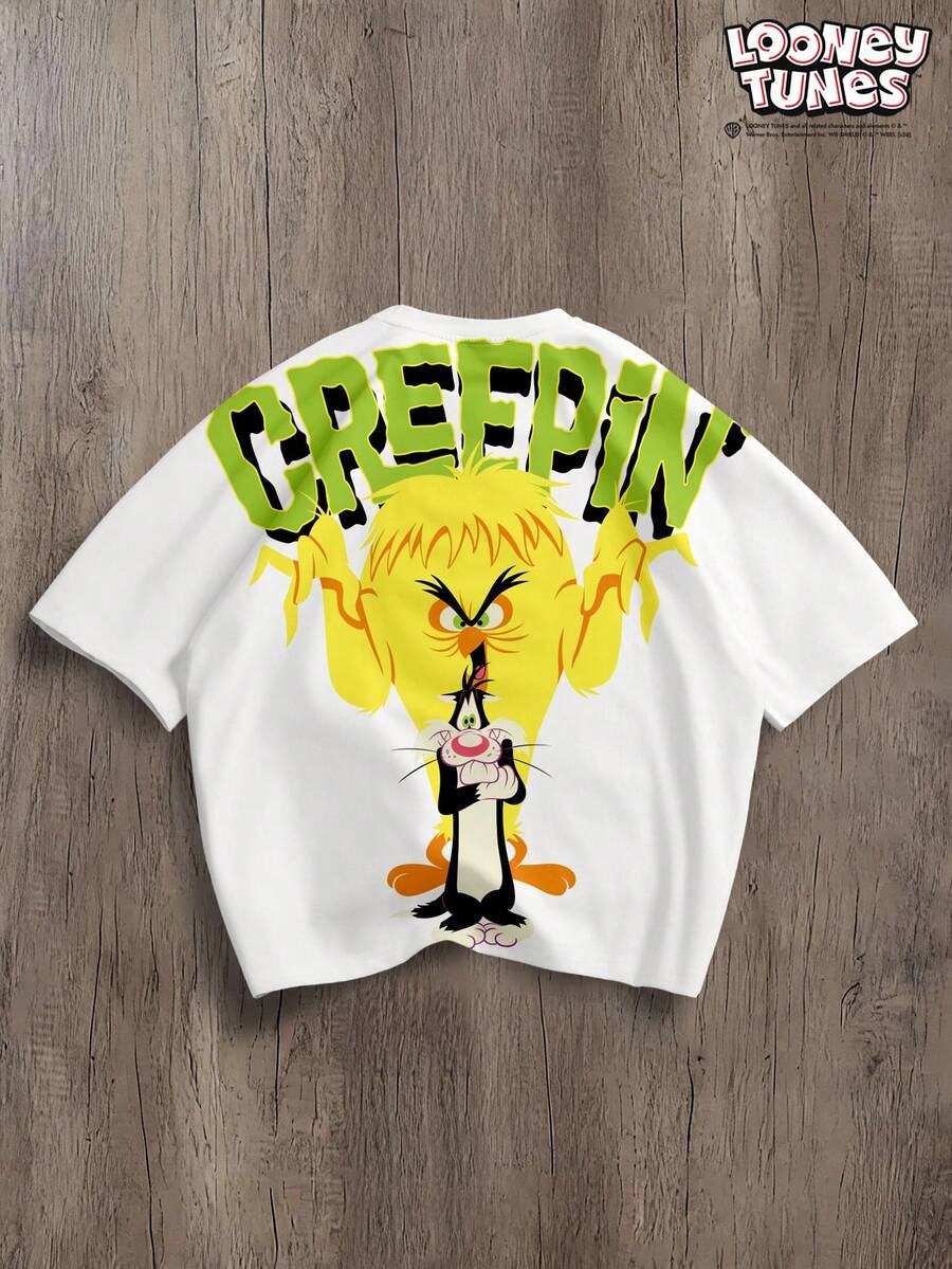 LOONEY TUNES X SHEIN Manfinity Joysei 男士字母與卡通印花寬鬆短版蝙蝠袖T恤 - 白色 - 查看 1