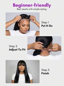 ALL READY WIG 7x5 Bye Bye Slip 蕾絲 Yaki 無膠假髮，自然黑，蓬鬆瀏海，預剪預漂預拔，自然豐盈，適合所有頭圍，修飾臉型，100% 真人髮，可染髮，固定分線，適合初學者，耐熱 - SNatural - 查看 10