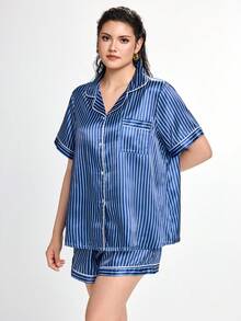 Slumbrini Set Pakaian Tidur Kardigan Berkerah Garis-Garis Sutra Imitasi, Ukuran Besar - Navy Blue - View 1