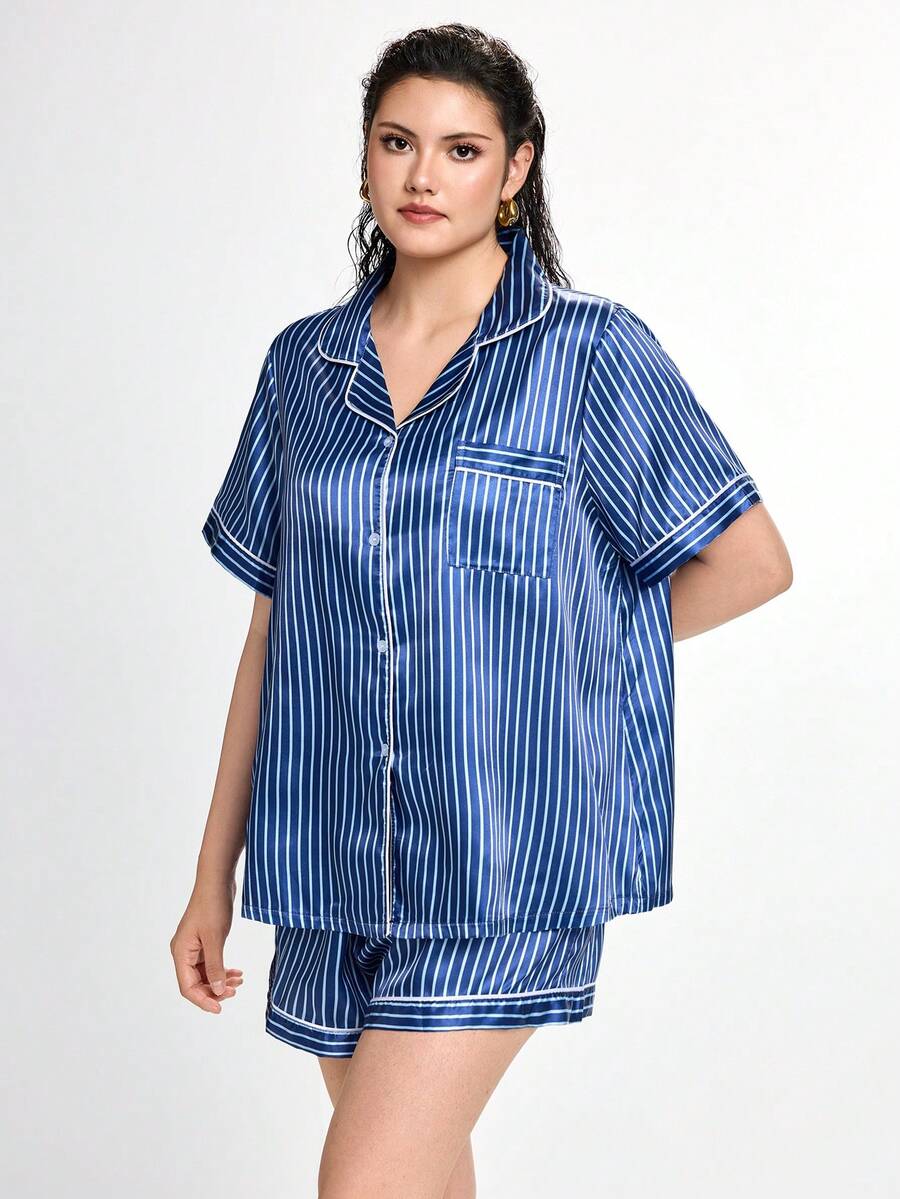 Slumbrini Set Pakaian Tidur Kardigan Berkerah Garis-Garis Sutra Imitasi, Ukuran Besar - Navy Blue - View 1