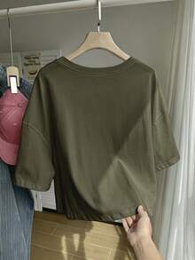 Comfortcana Solid Olive Green Dropped Shoulder Casual Cropped Plus Size T-Shirt - Army Green - View 2