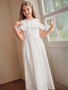 Anewsta Vestido blanco de verano para niñas con bordado, calado, estilo princesa, línea A, volantes, hombros descubiertos, top sin mangas, para niña preadolescente - Blanco - Ver 6