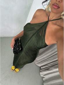 SHEIN Allurite 女士长裙，适合春夏穿着，春季穿搭，夏季度假穿搭，狂欢节服装，复活节和圣帕特里克节服装，海滩度假穿搭，Y2K风格绿色流苏宽松连衣裙 - 綠色 - 查看 1