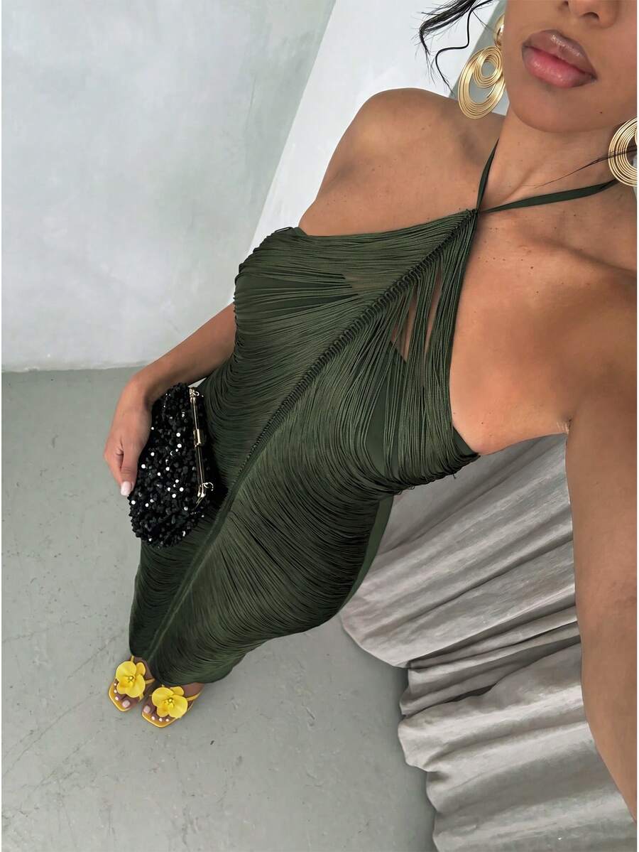 SHEIN Allurite 女士长裙,适合春夏穿着,春季穿搭,夏季度假穿搭,狂欢节服装,复活节和圣帕特里克节服装,海滩度假穿搭,Y2K风格绿色流苏宽松连衣裙 - 綠色 - 查看 1