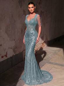 Glamrae Elegant Luxurious Beaded Sequin Patchwork Puff Sleeve Mermaid Dress For Wedding, Bachelorette Party, Vacation, Prom, Evening Gala (Heavy Embellished Style) - Blue - View 4