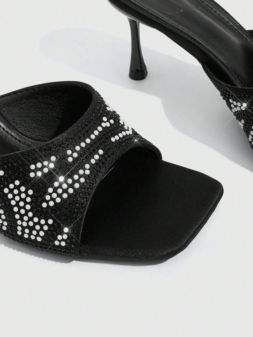 CUCCOO SZL Women Shoes Square Toe Slender Heel Black Full Diamond Beads Fashion Elegant Women's High Heel Sandals Slippers Sexy Banquet Party Women's Sandals