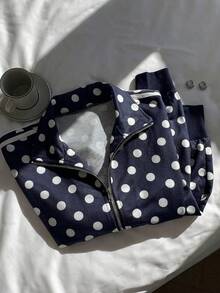 Muchica Black And White Polka Dot Floral Applique Trim Women's Lightweight Jacket Everyday Autumn Streetwear - Navy Blue - View 8