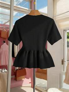 SHEIN Franclia 女士纯色圆领短袖单排扣休闲针织上衣 - 黑色 - 查看 2