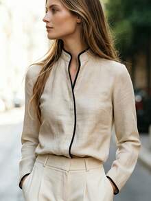 SHEIN Damen-Bluse aus französischem Leinen mit langen Ärmeln, schwarzer und beiger Kontrastsaum, Stehkragen, lässiges elegantes Brunch-Top für den Herbst - Aprikosenfarben - Übersicht 3
