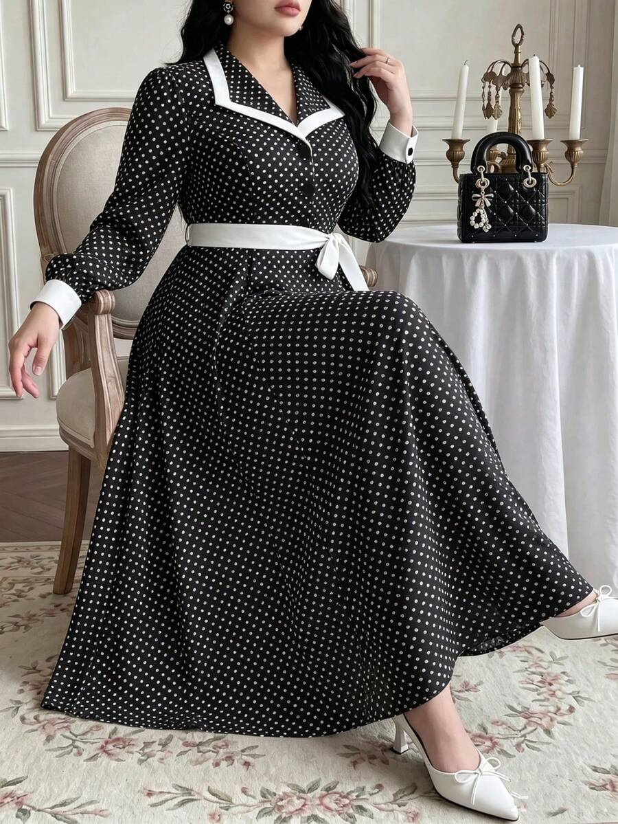 Vibekara Frühling/Herbst elegantes modisches minimalistisches Date-Pendler-Stil Langarmkleid, Reverskragenkleid mit Seitenfalten, rotes Langarmkleid, Schleife, Urlaub, Sommer Damen Outfit, Frühling/Herbst japanisches süßes niedliches schwarz-weißes Polka-Dot-Kleid, neues zierliches College-Stil verjüngendes schlankmachendes elegantes professionelles Date-Langkleid, Sommer neues französisches lockeres Kleid - Schwarz und Weiss - Übersicht 1