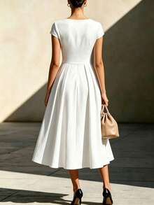 Balvessa Women's Solid Color V-Neck Pleated Casual Daily Summer Midi Dress - White - View 2