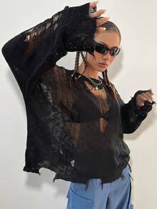 SHEIN ICON Open Stitch Drop Shoulder Black Sweater Without Bra,Long Sleeve Tops,Going Out Top - Black - View 6