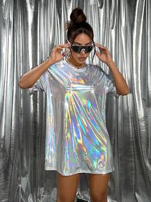SHEIN ICON Vestido Camiseta Con Revestimiento Polarizado De Gran Tamaño - Blanco - Ver 6
