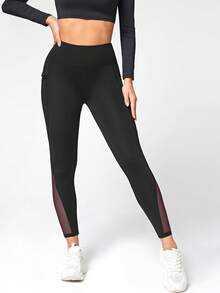 SHEIN Sports 女款网眼侧插手机袋运动紧身裤瑜伽裤 - 黑色 - 查看 7