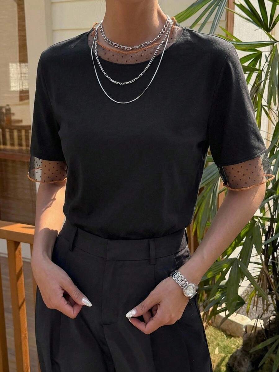 FRIFUL Women's Casual Loose Sheer Mesh Solid Color T-Shirt, Versatile For Spring And Summer - Black - View 1