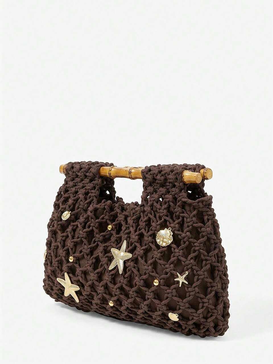SHEIN Maija Ladies Fashionable Elegant Simple Hollow Handmade Crochet Gold Ocean Elements Decorative Wood Brown Handbag, Holiday Beach Seaside