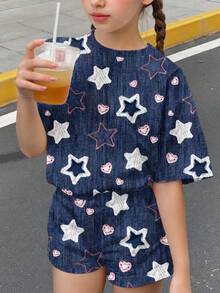 復古甜美時尚星星與水鑽愛心圖案，青少年女孩休閒極簡短袖T恤與短褲兩件套，適合夏季，美式復古甜美 - 彩色 - 查看 3