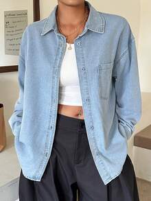 Dazy Plus Light Wash Blue Collared Pocket Long Sleeve Plus Size Women's Denim Shirt, Spring/Summer/Autumn - Light Wash - View 1