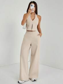 SHEIN PETITE 春夏辦公室女裝 V 領無袖露背上衣搭配寬腿褲，顯瘦拉長身型街頭穿搭，適合嬌小女性 - 杏色 - 查看 6