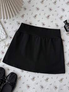 SHEIN 青少年女孩針織黑色貼身連身裙附內建內搭褲休閒裙 - 黑色 - 查看 5