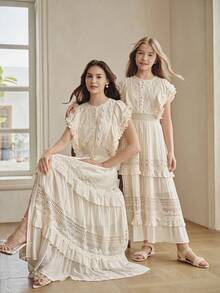 Anewsta Abito da festa di giugno estivo elegante con scollo rotondo, vita arricciata, patchwork e bordo in pizzo, abito da ragazza, abiti da sera e da occasione di lusso, matrimonio, festa - Albicocca - Visualizzare 5