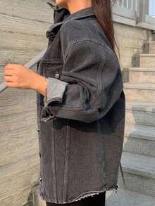 Dazy Plus Washed Distressed Lace-Up Loose Split Street Style Denim Cardigan Long Sleeve Shirt Fall - Dark Grey - View 3
