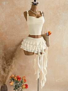 Soleia Women's Vacation Casual Solid Color Tank Top & Ruffle Hem Skirt 2 Pieces Set - White - View 7