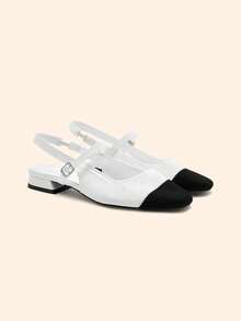 CUCCOO BASICS Women's Mary Jane Flat Shoes With Ribbon Strap, Comfortable Square Toe - White Black - View 3
