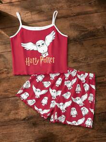 HARRY POTTER X SHEIN 少女卡通猫头鹰印花红色宽松吊带背心和短裤睡衣套装，舒适阻燃面料，适合夏季穿着 - 彩色 - 查看 1