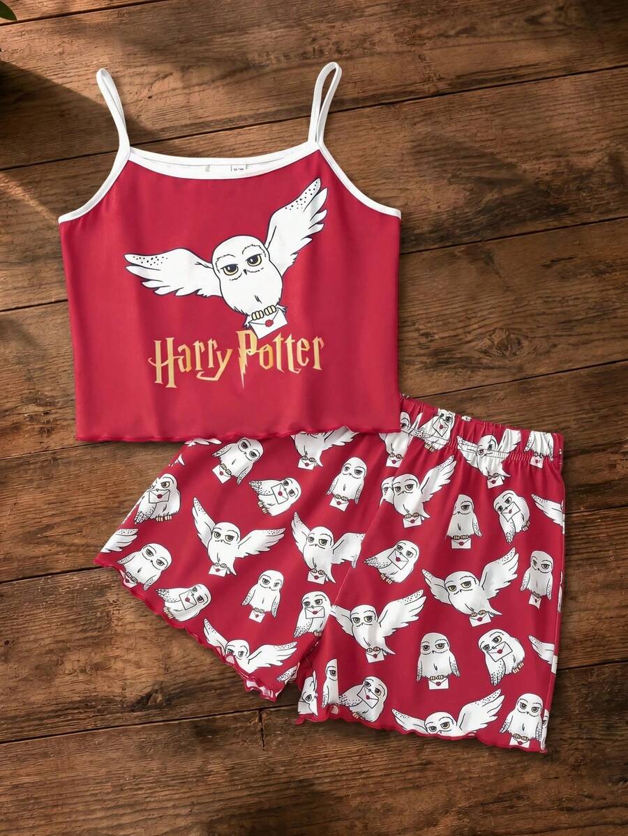 HARRY POTTER X SHEIN 少女卡通猫头鹰印花红色宽松吊带背心和短裤睡衣套装,舒适阻燃面料,适合夏季穿着 - 彩色 - 查看 1