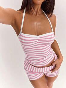 SHEIN BAE Women's Summer Pink And White Striped Casual Coastal Chic Cute Tropical Spaghetti Strap Tank Top, Suitable For Daily Wear, Beach Vacation - Baby Pink - View 8