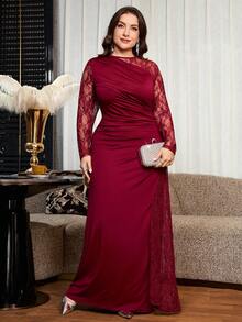 Reflora Plus Size Women's Lace Patchwork Pleated Elegant Cinched Waist Party Dress,Elegant Long Party Dress,Mother,Luxury Evening Dress For Women,Party Dress - Burgundy - View 7