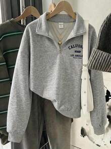 SHEIN Tween Girls Casual Street Style Camouflage & Leaf Print Loose Round Neck Drop Shoulder Short Sweatshirt, Military Green Teen Girls Sweatshirts Zipper,In Fall/Winter - Army Green - View 1