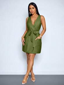 SOLERSUN Elegant And Casual V-Neck, Fitted Waist, Belted Short Dress For Women, Suitable For Everyday Commuting And Casual Wear, Beach Vacations, Mother's Day Short Dress, Yellow Dress. - Army Green - View 2